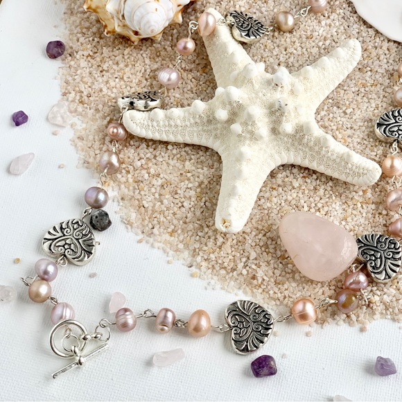 Genuine Pink Pearl & Heart Beaded Necklace with Amethyst Pendant - Picture 5 of 6